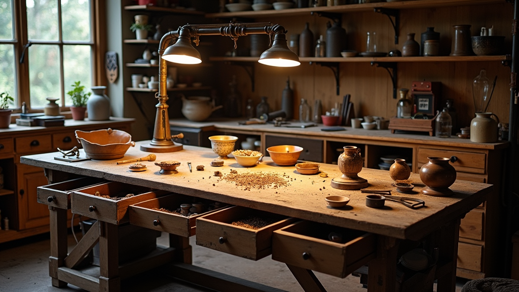 Worktable full of aged objects, tools, and brushes in a softly lit workshop