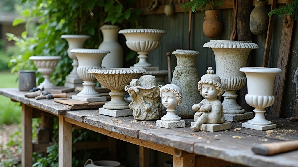 A collection of weathered stone garden ornaments, including urns, statues, and planters, on a rustic outdoor workbench amidst garden tools and greenery.