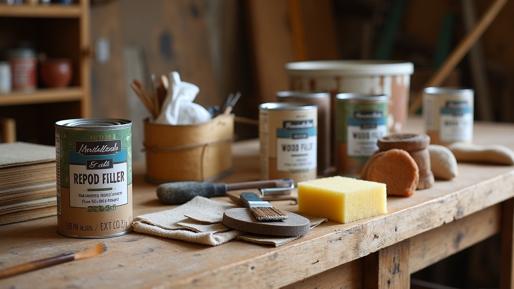 A variety of restoration tools and materials on a wooden workbench, including wood fillers, paint cans, brushes, sponges, and sandpaper.