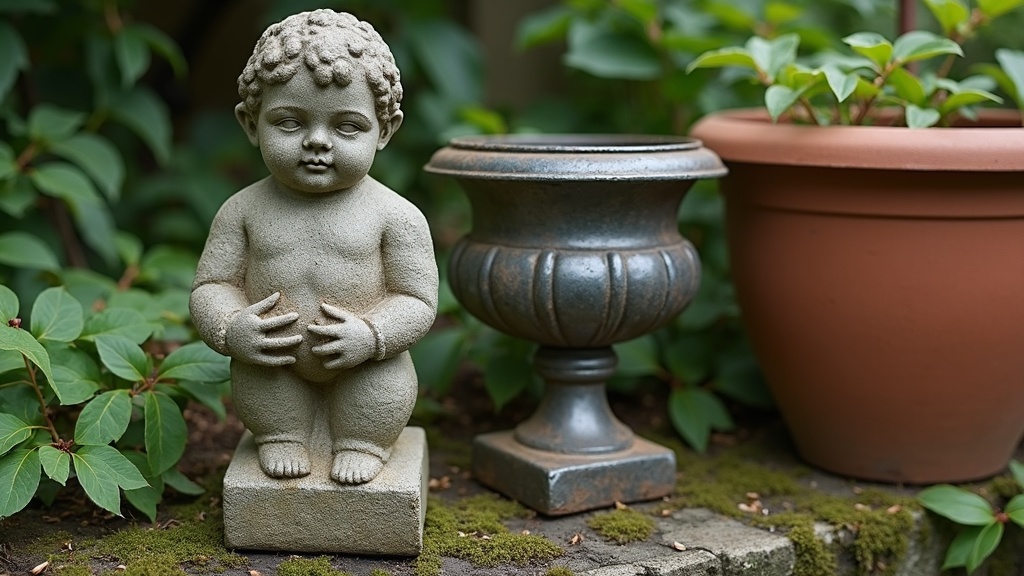 A weathered stone statue, a metal garden urn, and a terracotta planter in a garden setting. Moss, cracks, and dirt highlight the antiques' age.