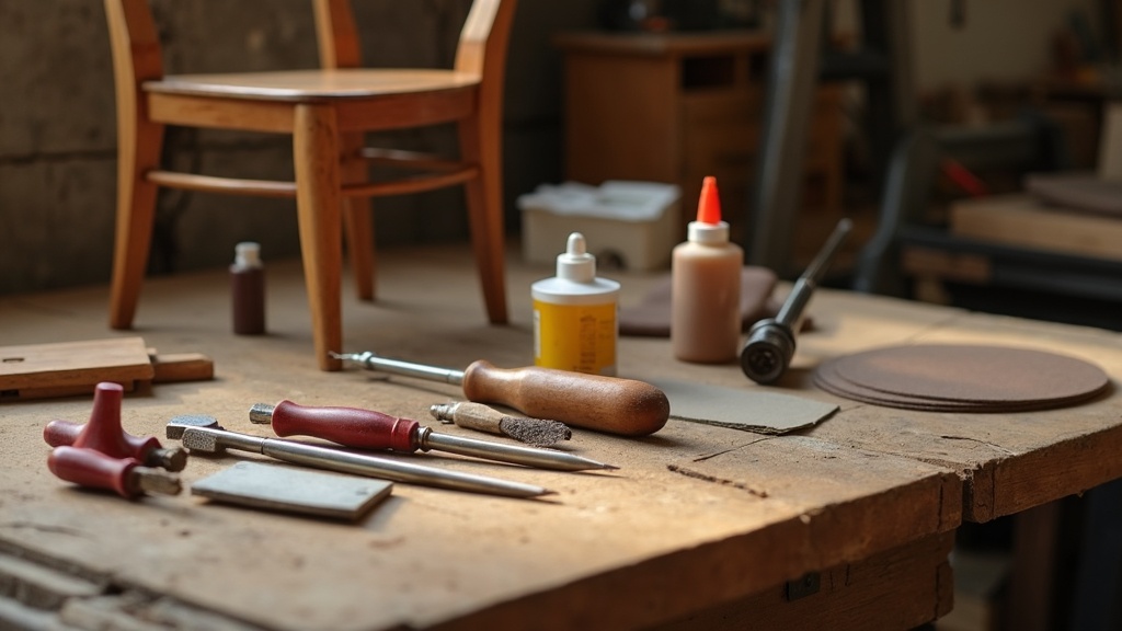 Antique restoration tools laid out on a wooden workbench beside a half-finished, sanded vintage wooden chair