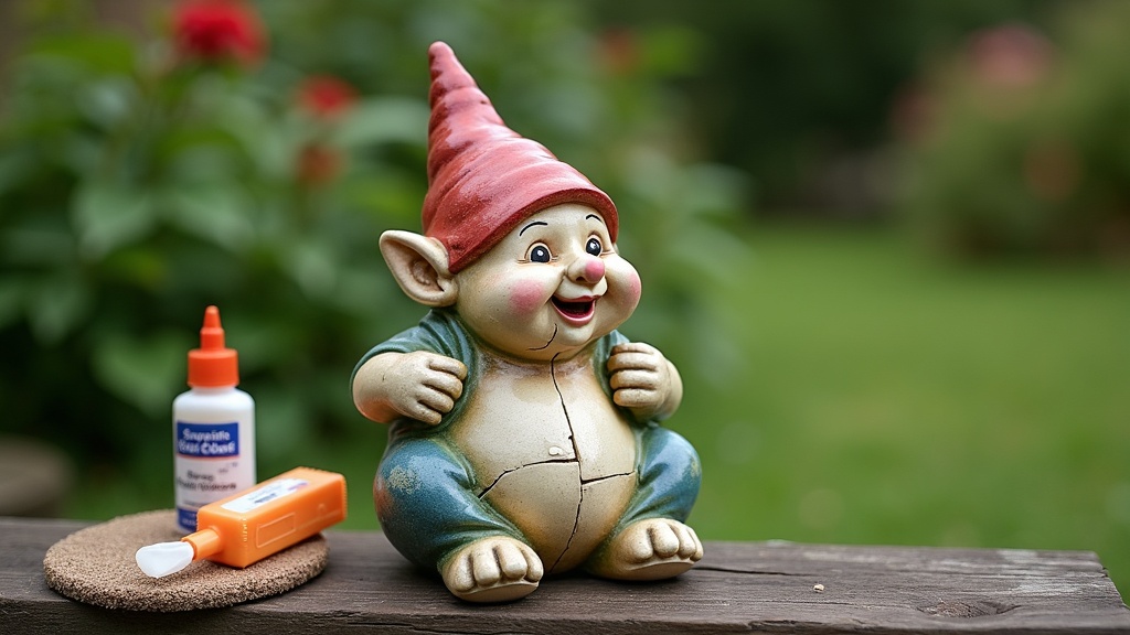 Cracked ceramic garden gnome on a wooden bench surrounded by green foliage