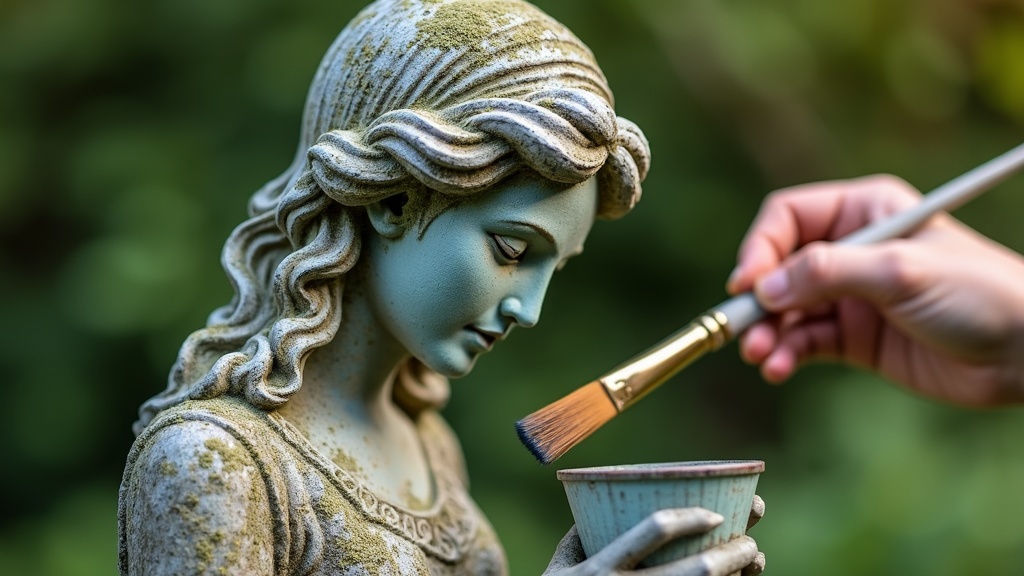 Weathered garden statuary with blended paint