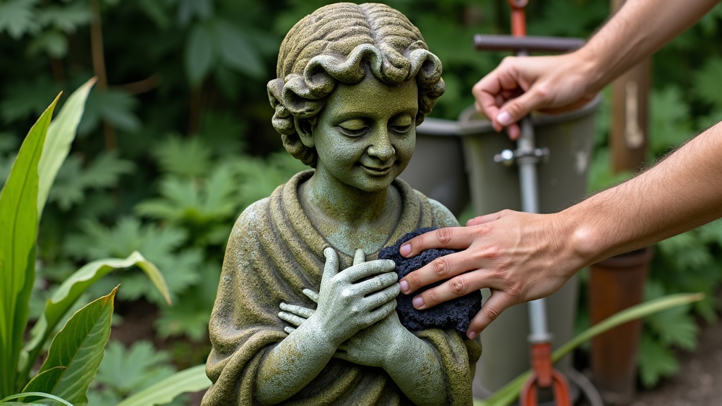 Weathered stone garden statue surrounded by green ferns and mossy stones.