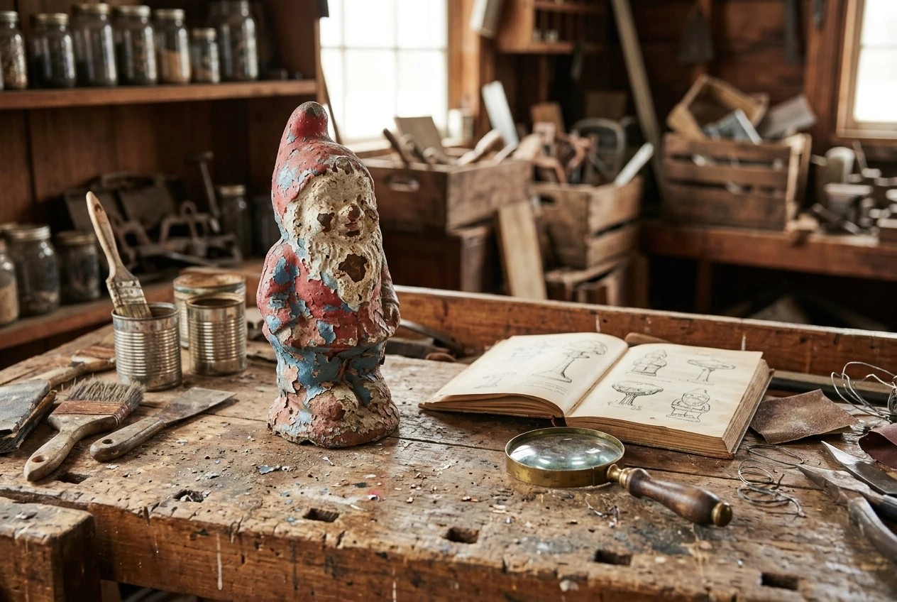 A battered vintage yard ornament with flaking paint sits on a work bench beside an open book of old yard ornament designs and a magnifying glass, lit by soft window light in a home