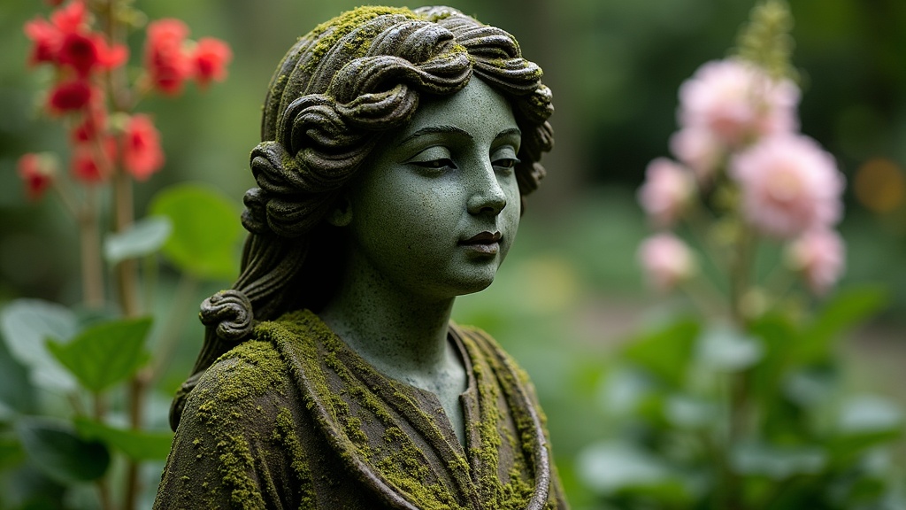 antique stone birdbath with moss in a lush garden