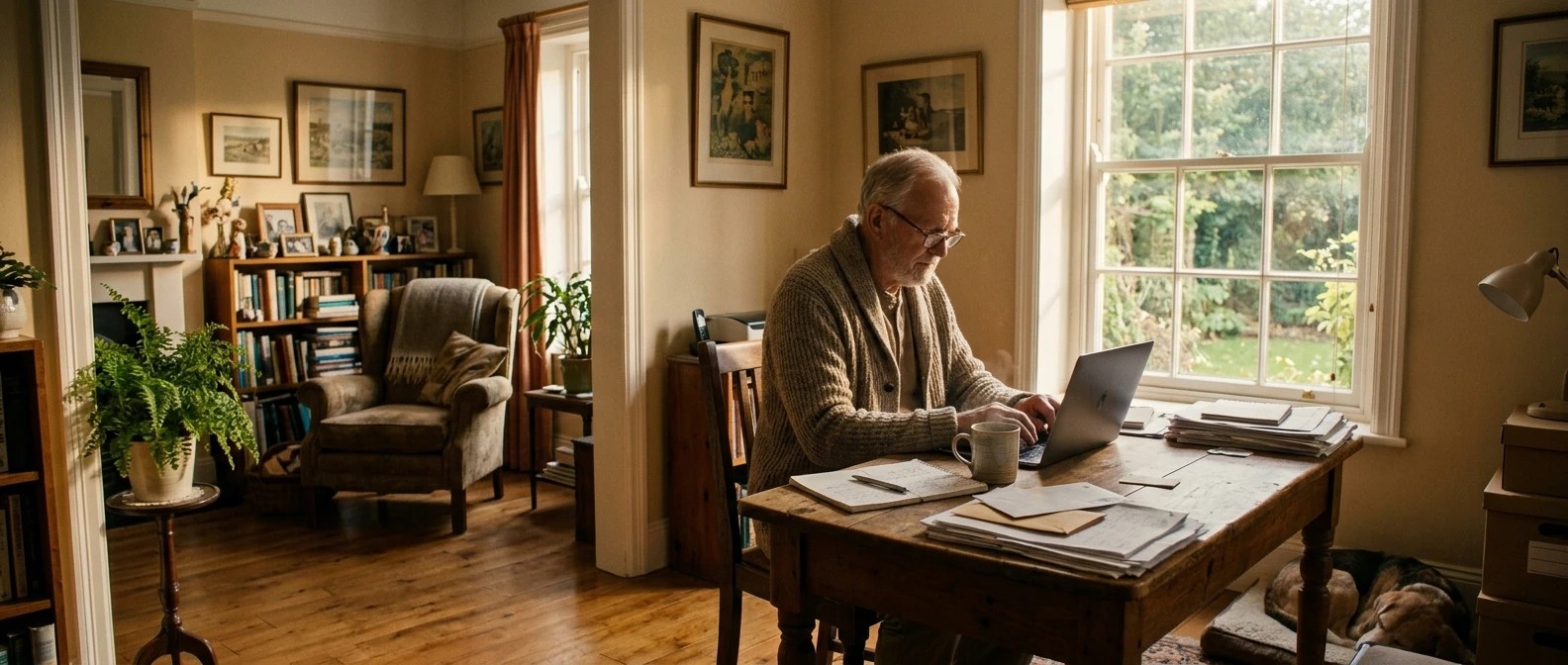 A retiree sits at a small desk by a sunny window, laptop open and a steaming mug of coffee beside it, papers and a notebook scattered nearby in warm morning light.