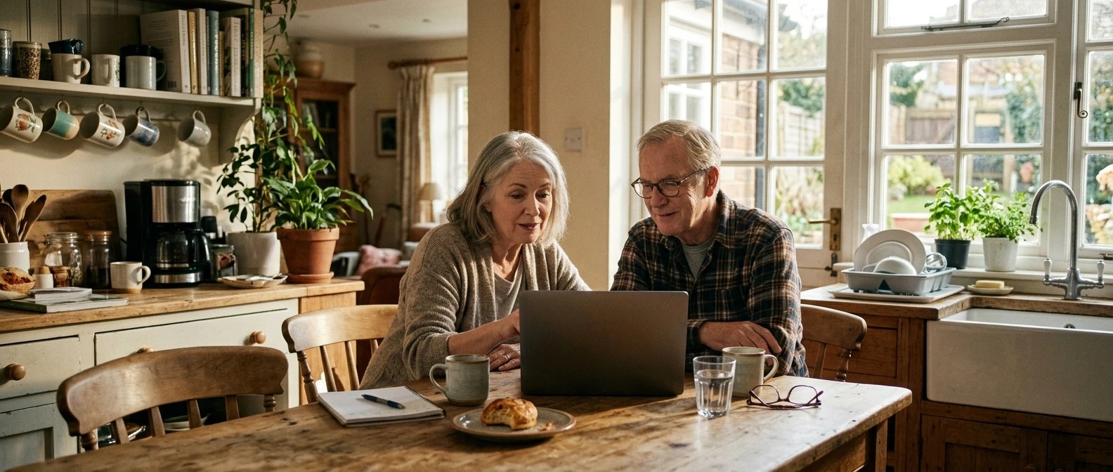 A retired man and woman sit together at a sunny kitchen table with a laptop open, coffee cups nearby, morning light streaming through a window, both looking relaxed and curious rather