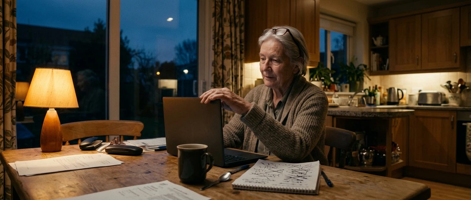 An older adult sits at a kitchen table in the evening, hand resting on a laptop lid as if about to close it, reading glasses pushed up on their forehead, a cold cup of coffee besid