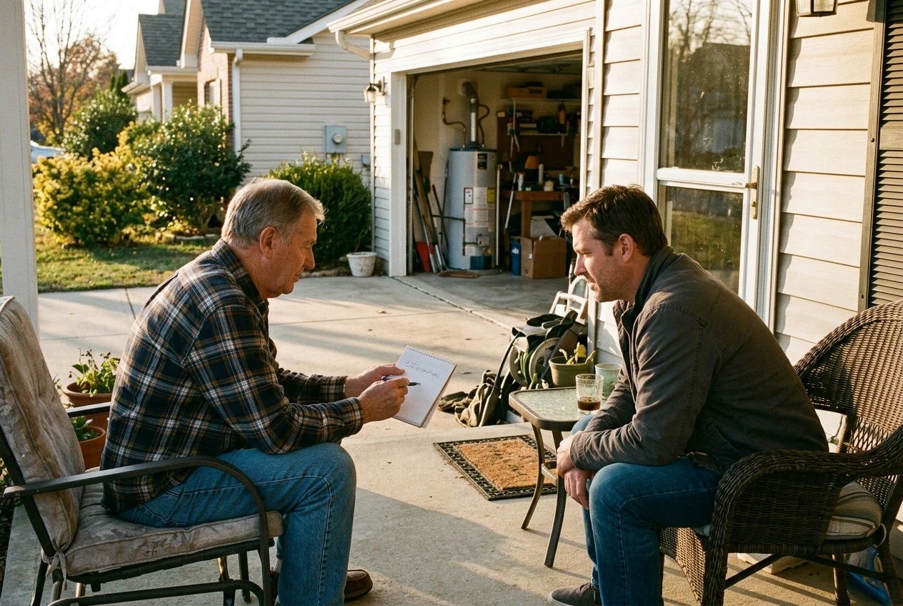 Two neighbors chatting on a porch, one showing the other a handwritten phone number on a notepad, with a water heater visible through an open garage door behind them, warm late-aftern