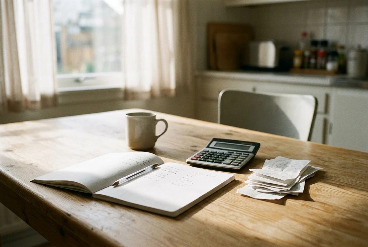 A tidy kitchen table with a notebook, a calculator, and a small stack of receipts, soft morning light through a window, no inventory boxes or storefront in sight, conveying a modest low-c